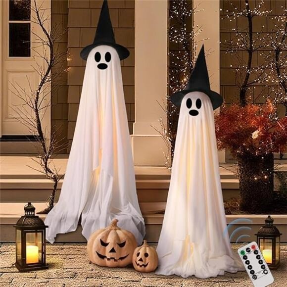 2 Pack Large Light-Up Spooky Ghosts with 8 Mode LED Light and 2 Witch Hats - Picture 7 of 7